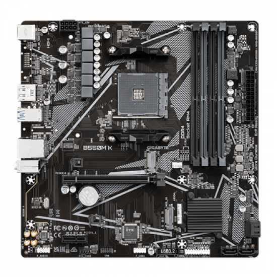 Gigabyte | B550M K 1.0 M/B | Processor family AMD | Processor socket AM4 | DDR4 DIMM | Memory slots 4 | Supported hard disk drive interfaces 	SATA, M.2 | Number of SATA connectors 4 | Chipset AMD B550 | Micro ATX