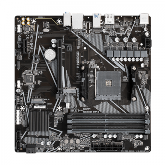 Gigabyte | B550M K 1.0 M/B | Processor family AMD | Processor socket AM4 | DDR4 DIMM | Memory slots 4 | Supported hard disk drive interfaces 	SATA, M.2 | Number of SATA connectors 4 | Chipset AMD B550 | Micro ATX