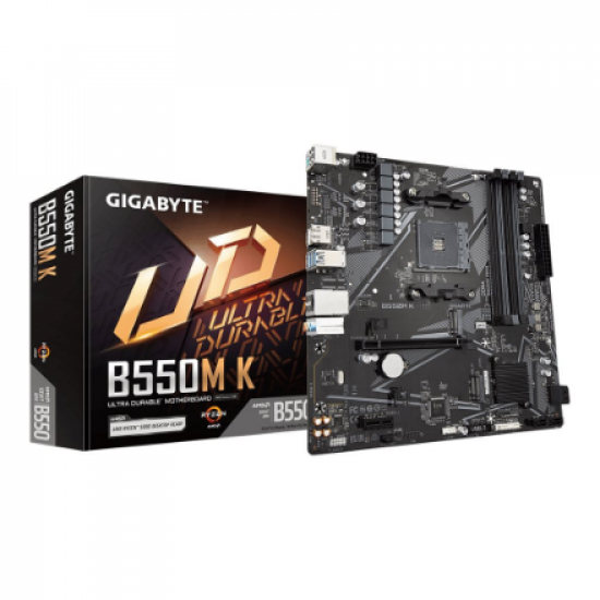 Gigabyte | B550M K 1.0 M/B | Processor family AMD | Processor socket AM4 | DDR4 DIMM | Memory slots 4 | Supported hard disk drive interfaces 	SATA, M.2 | Number of SATA connectors 4 | Chipset AMD B550 | Micro ATX