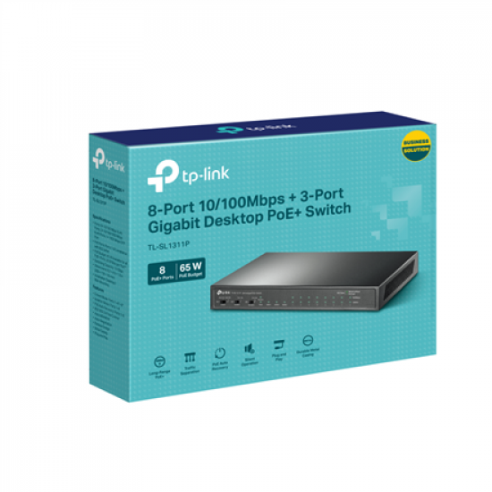 TP-LINK | 8-Port 10/100Mbps+3-Port Gigabit Desktop Switch with 8-Port PoE+ | TL-SL1311P | Unmanaged | Desktop | 60 month(s)