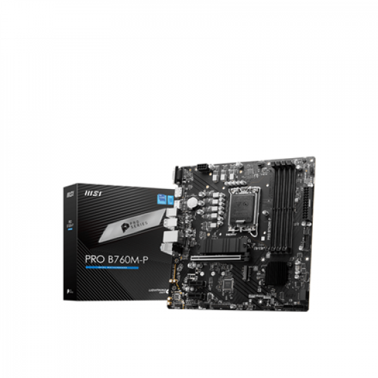 MSI | PRO B760M-P | Processor family Intel | Processor socket  LGA1700 | DDR5 DIMM | Memory slots 4 | Supported hard disk drive interfaces 	SATA, M.2 | Number of SATA connectors 4 | Chipset Intel B760 | mATX