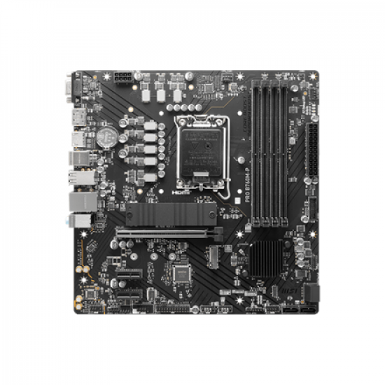 MSI | PRO B760M-P | Processor family Intel | Processor socket  LGA1700 | DDR5 DIMM | Memory slots 4 | Supported hard disk drive interfaces 	SATA, M.2 | Number of SATA connectors 4 | Chipset Intel B760 | mATX