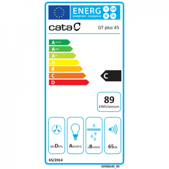CATA | Hood | GT-PLUS 45 X/M | Canopy | Energy efficiency class C | Width 60 cm | 645 m³/h | Mechanical control | LED | Stainless Steel