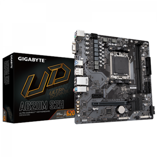 Gigabyte | A620M S2H 1.0 M/B | Processor family AMD | Processor socket AM5 | DDR5 DIMM | Memory slots 2 | Supported hard disk drive interfaces 	SATA, M.2 | Number of SATA connectors 4 | Chipset AMD A620 | Micro ATX