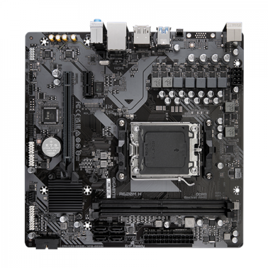 Gigabyte | A620M H 1.0 M/B | Processor family AMD | Processor socket AM5 | DDR5 DIMM | Memory slots 2 | Supported hard disk drive interfaces SATA, M.2 | Number of SATA connectors 4 | Chipset AMD A620 | Micro ATX
