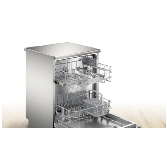 Dishwasher | SMS25AI05E | Free standing | Width 60 cm | Number of place settings 12 | Number of programs 5 | Energy efficiency class E | Display | AquaStop function | Silver inox