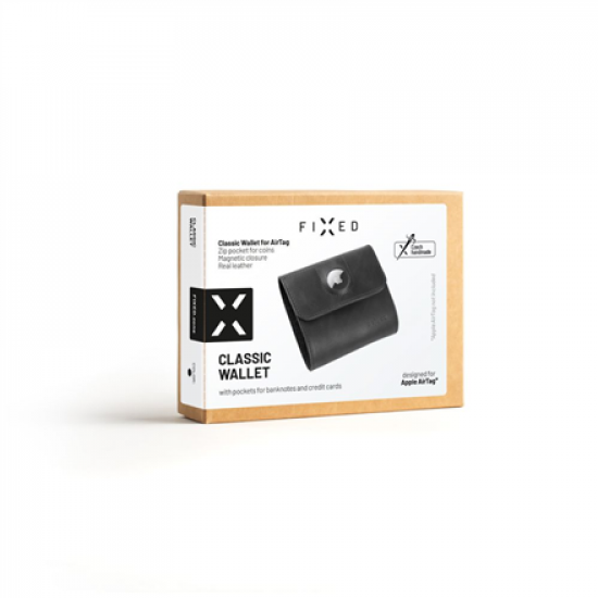 Fixed | Classic Wallet for AirTag | Apple | Genuine cowhide | Black | Dimensions of the wallet : 11 x 11.5 cm; Closing of the wallet is secured by a magnet; Smaller pocket for Apple AirTag; inner hidden pocket; 4 pockets for credit cards or documents