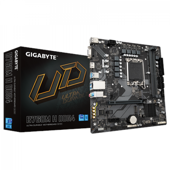 Gigabyte | B760M H DDR4 1.0 M/B | Processor family Intel | Processor socket LGA1700 | DDR4 DIMM | Memory slots 2 | Supported hard disk drive interfaces SATA, M.2 | Number of SATA connectors 4 | Chipset Intel B760 Express | Micro ATX