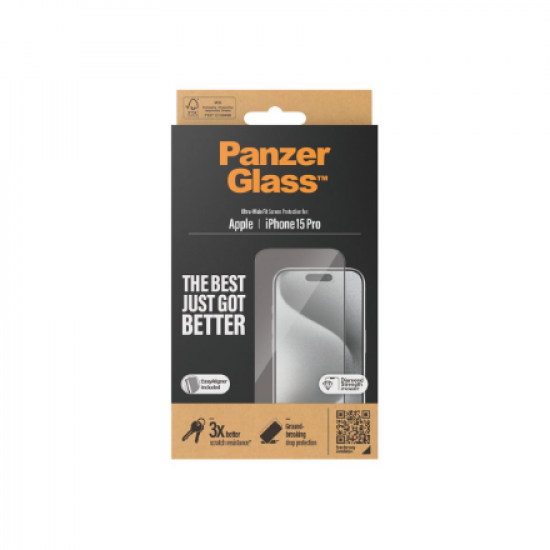 PanzerGlass | Screen protector | Apple | iPhone 15 Pro | Glass | Clear | Easy installation; Fingerprint resistant; Anti-yellowing | Ultra-Wide Fit
