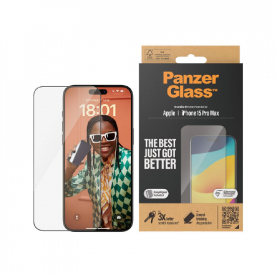 PanzerGlass | Screen protector | Apple | IPhone 15 Pro Max | Glass | Transparent | Ultra-wide fit, Scratch resistant, Drop protection, EasyAligner included