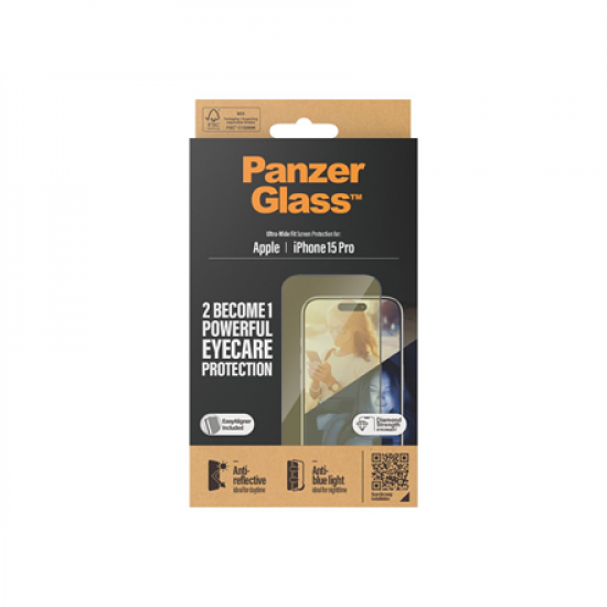 PanzerGlass | Screen protector | Apple | iPhone 15 Pro | Glass | Clear | Ultra-Wide Fit; Easy installation; Fingerprint resistant; Anti-blue light; Anti-reflective; Anti-yellowing | Eyecare