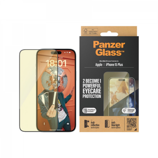 PanzerGlass | Screen protector | Apple | iPhone 15 Plus | Glass | Clear | Ultra-Wide Fit; Easy installation; Fingerprint resistant; Anti-blue light; Anti-reflective; Anti-yellowing | Eyecare