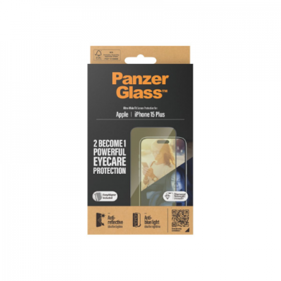 PanzerGlass | Screen protector | Apple | iPhone 15 Plus | Glass | Clear | Ultra-Wide Fit; Easy installation; Fingerprint resistant; Anti-blue light; Anti-reflective; Anti-yellowing | Eyecare