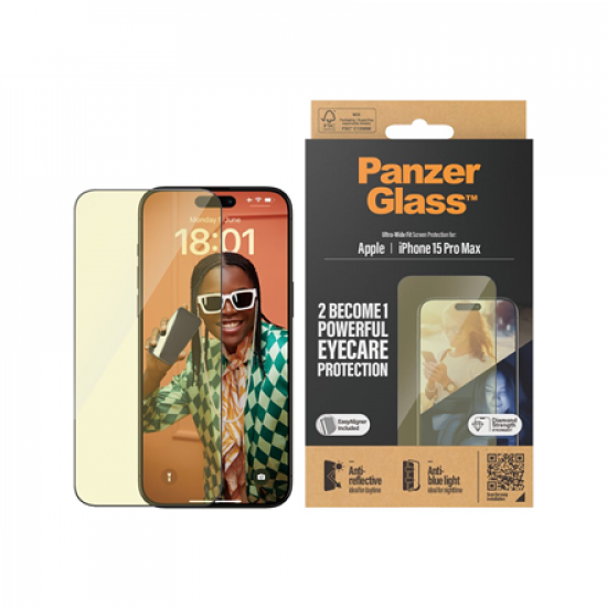 PanzerGlass | Screen protector | Apple | iPhone 15 Pro Max | Glass | Clear | Ultra-Wide Fit; Easy installation; Fingerprint resistant; Anti-blue light; Anti-reflective; Anti-yellowing | Eyecare