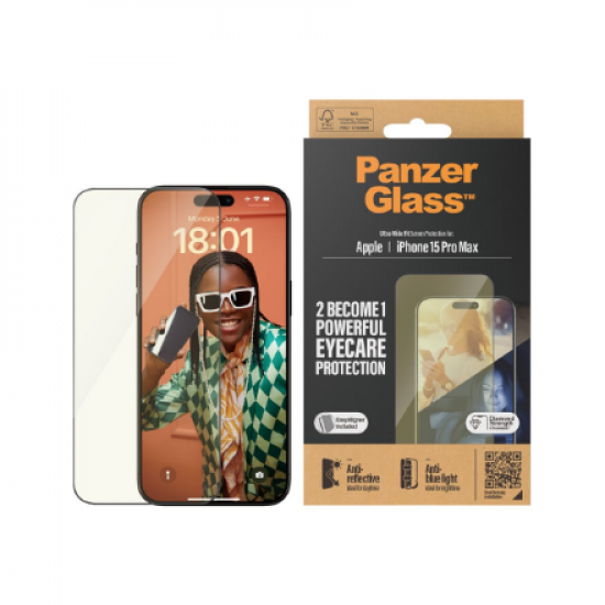 PanzerGlass | Screen protector | Apple | iPhone 15 Pro Max | Glass | Clear | Ultra-Wide Fit; Easy installation; Fingerprint resistant; Anti-blue light; Anti-reflective; Anti-yellowing | Eyecare