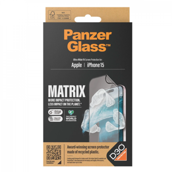 PanzerGlass | Screen protector | Apple | iPhone 15 | Recycled plastic | Transparent | Ultra-Wide Fit; Easy installation; Fingerprint resistant; Anti-yellowing; Touch sensitivity | MATRIX with D3O