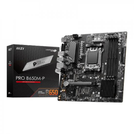 MSI | PRO B650M-P | Processor family AMD | Processor socket AM5 | DDR5 | Memory slots 4 | Supported hard disk drive interfaces 	SATA, M.2 | Number of SATA connectors 4 | Chipset AMD B650 | mATX