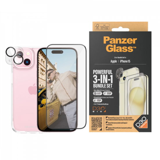 PanzerGlass | Panzerglass 3-in-1 Pack | iPhone | iPhone 15 | Clear | Wireless charging compatible. Scratch and shock resistant | PicturePerfect Camera Lens Protector, a wireless charging compatible HardCase and an Ultra-Wide Fit Screen Protector