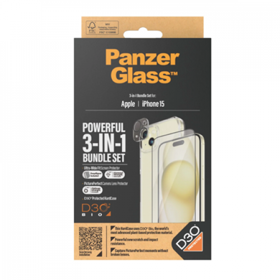 PanzerGlass | Panzerglass 3-in-1 Pack | iPhone | iPhone 15 | Clear | Wireless charging compatible. Scratch and shock resistant | PicturePerfect Camera Lens Protector, a wireless charging compatible HardCase and an Ultra-Wide Fit Screen Protector