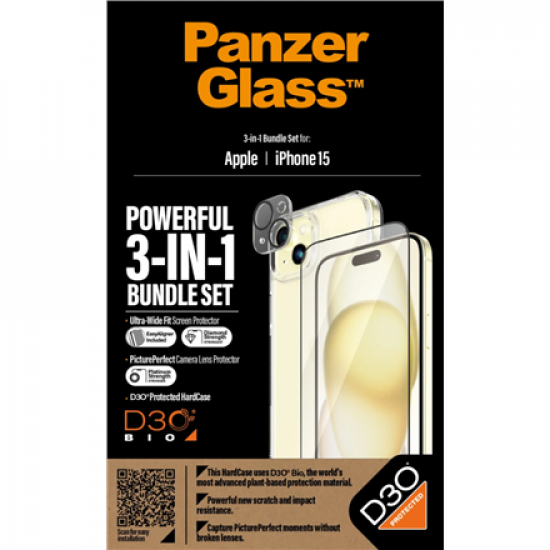 PanzerGlass | Panzerglass 3-in-1 Pack | iPhone | iPhone 15 | Clear | Wireless charging compatible. Scratch and shock resistant | PicturePerfect Camera Lens Protector, a wireless charging compatible HardCase and an Ultra-Wide Fit Screen Protector