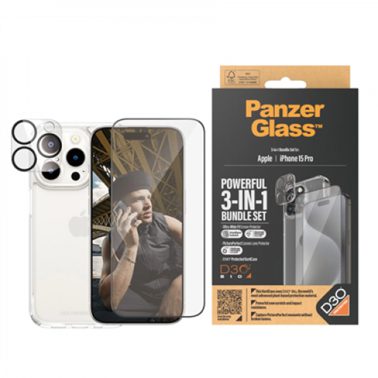 PanzerGlass | Panzerglass 3-in-1 Pack | iPhone | iPhone 15 Pro | Clear | PicturePerfect Camera Lens Protector, a wireless charging compatible HardCase and an Ultra-Wide Fit Screen Protector