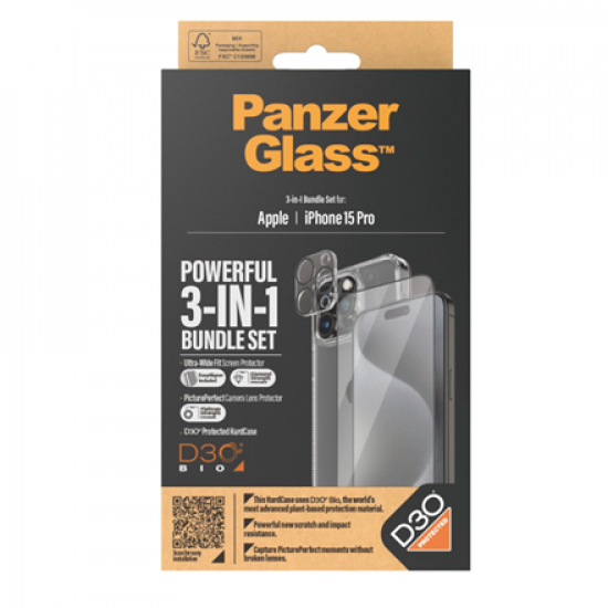 PanzerGlass | Panzerglass 3-in-1 Pack | iPhone | iPhone 15 Pro | Clear | PicturePerfect Camera Lens Protector, a wireless charging compatible HardCase and an Ultra-Wide Fit Screen Protector