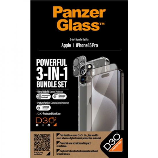 PanzerGlass | Panzerglass 3-in-1 Pack | iPhone | iPhone 15 Pro | Clear | PicturePerfect Camera Lens Protector, a wireless charging compatible HardCase and an Ultra-Wide Fit Screen Protector