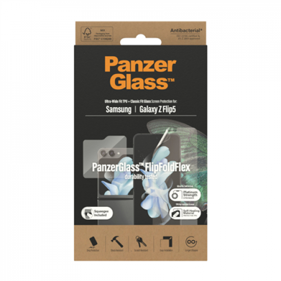 PanzerGlass | Screen protector | Samsung | Z flip5 CF AB | Thermoplastic polyurethane (TPU); Tempered glass; Polyethylene terephthalate (PET) | Transparent
