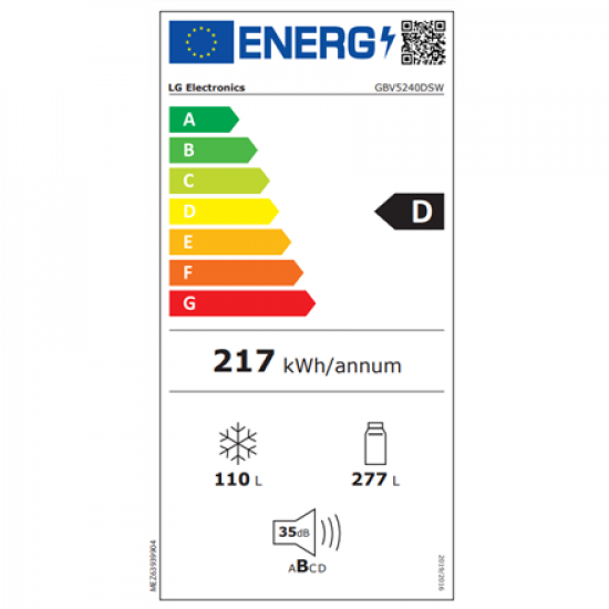 LG | Refrigerator | GBV5240DSW | Energy efficiency class D | Free standing | Combi | Height 203 cm | No Frost system | Fridge net capacity 277 L | Freezer net capacity 110 L | Display | 35 dB | White