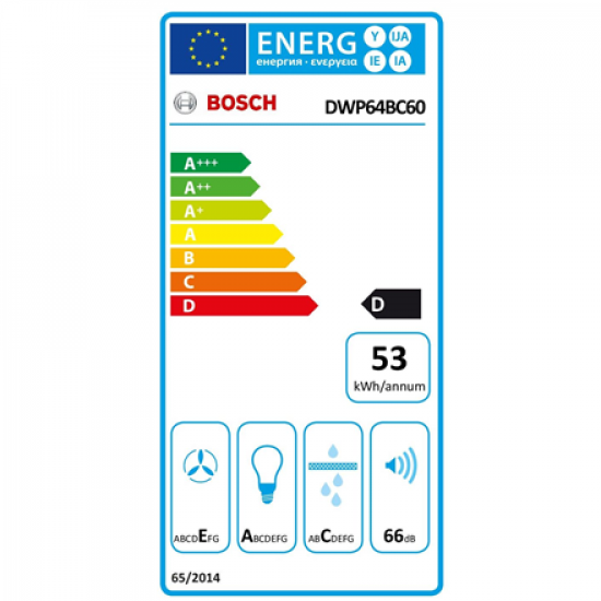 Bosch | Hood | DWP64BC60 | Wall mounted | Energy efficiency class D | Width 60 cm | 365 m³/h | Mechanical control | LED | Black