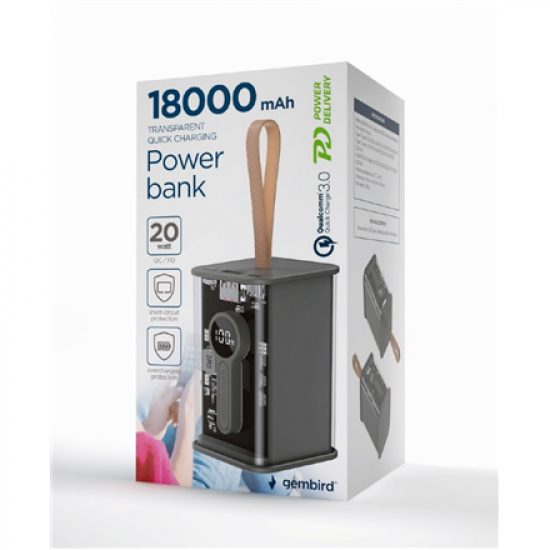 Gembird | Transparent QC3.0 Quick Charging Power Bank | PB18-TQC3-01 | 18000 mAh | Black