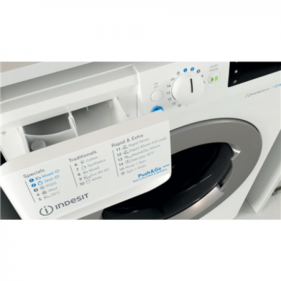 INDESIT | Washing Machine with Dryer | BDE 86436 WSV EE | Energy efficiency class A/D | Front loading | Washing capacity 8 kg | 1400 RPM | Depth 54 cm | Width 59.5 cm | LCD | Drying system | Drying capacity 6 kg | White