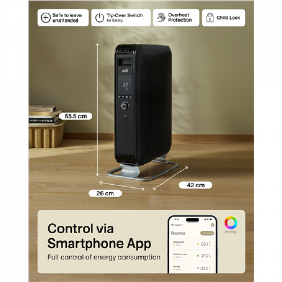 Mill | WiFI GEN3 Oil Filled Radiator | OIL2000WIFI3 | Oil Filled Radiator | 2000 W | Number of power levels 3 | Black