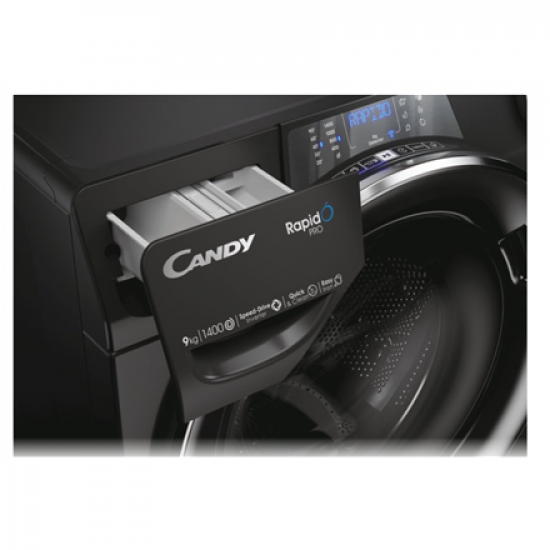 Candy | Washing Machine | RP 496BWMBCB/1-S | Energy efficiency class A | Front loading | Washing capacity 9 kg | 1400 RPM | Depth 53 cm | Width 60 cm | Display | TFT | Steam function | Wi-Fi | Glossy Black