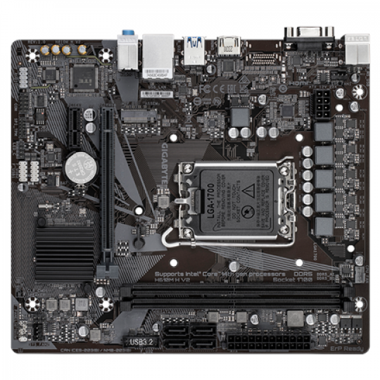 Gigabyte | H610M H V2 G1.0 | Processor family Intel | Processor socket LGA1700 | DDR5 | Supported hard disk drive interfaces M.2, SATA | Number of SATA connectors 4