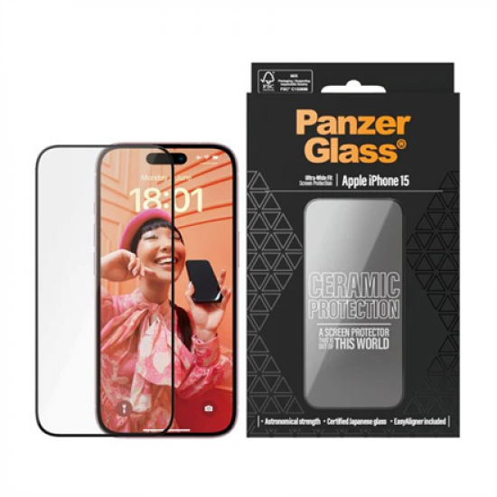 PanzerGlass | Screen protector | Apple | iPhone 15 | Ceramic, Tempered glass, Polyethylene terephthalate (PET) | Black/Transparent | Ultra-Wide Fit w. EasyAligner