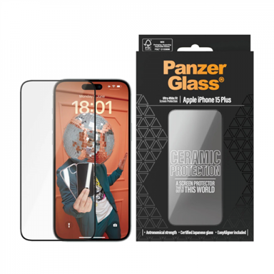 PanzerGlass | Screen protector | Apple | iPhone 15 Plus | Polyethylene terephthalate (PET); Glass; Ceramic | Transparent | Ultra-Wide Fit w. EasyAlignerr