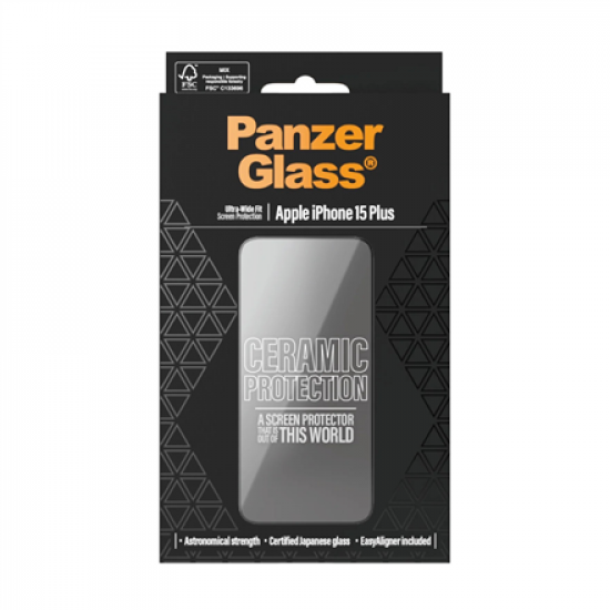 PanzerGlass | Screen protector | Apple | iPhone 15 Plus | Polyethylene terephthalate (PET); Glass; Ceramic | Transparent | Ultra-Wide Fit w. EasyAlignerr