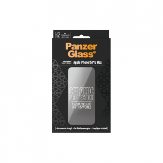 PanzerGlass | Screen protector | Apple | iPhone 15 Pro Max | Glass, Ceramic | Transparent | Ultra-Wide Fit w. EasyAligner