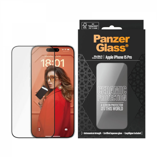 PanzerGlass | Screen protector | Apple | iPhone 15 Pro | Glass, Ceramic | Transparent | Ultra-Wide Fit w. EasyAligner