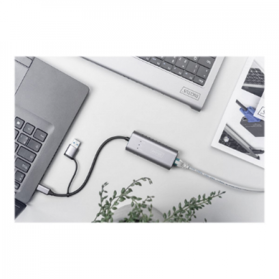 Digitus USB Type-C Gigabit Ethernet Adapter 2.5G, USB-C + USB A (USB3.1/3.0) | DN-3028 | USB3.0/USB C 3.1 to 2.5G Ethernet Adapter