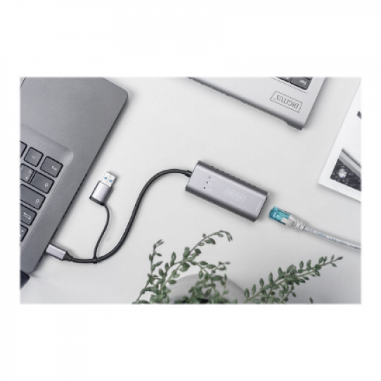 Digitus USB Type-C Gigabit Ethernet Adapter 2.5G, USB-C + USB A (USB3.1/3.0) | DN-3028 | USB3.0/USB C 3.1 to 2.5G Ethernet Adapter