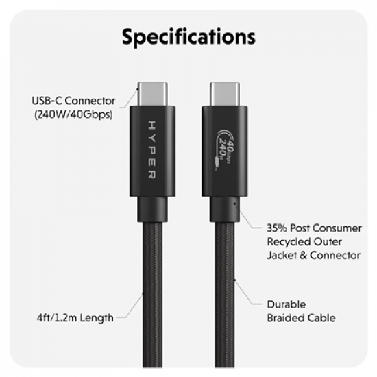Hyper | HyperDrive Next USB4 Type-C Performance Cable, 1.2 m | HD6500BKGL