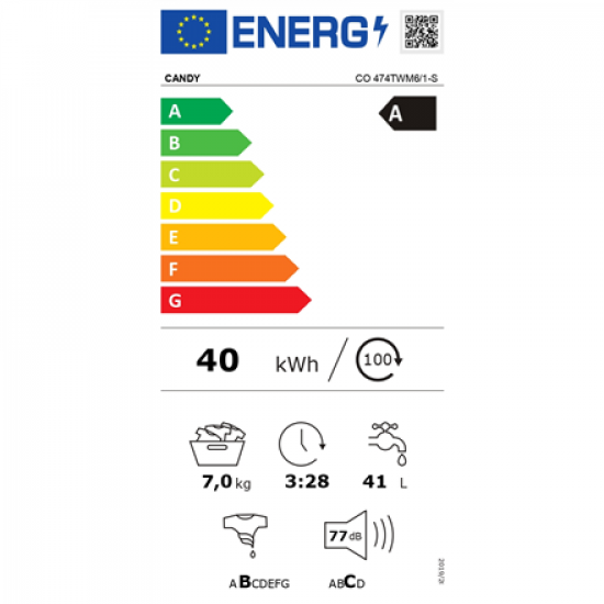 Candy | Washing Machine | CO 474TWM6/1-S | Energy efficiency class A | Front loading | Washing capacity 7 kg | 1400 RPM | Depth 49 cm | Width 60 cm | Digital | Wi-Fi | White