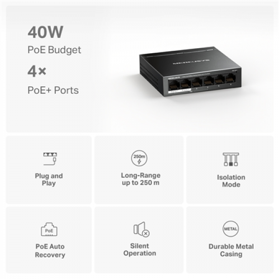 Mercusys 6-Port 10/100 Mbps Desktop Switch with 4-Port PoE+ | Mercusys