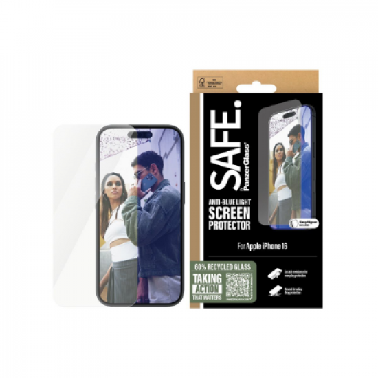 PanzerGlass SAFE by PanzerGlass EyeCare | Screen protector | Apple | iPhone 16 | Glass | Transparent | Ultra-Wide Fit