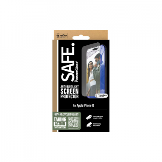PanzerGlass SAFE by PanzerGlass EyeCare | Screen protector | Apple | iPhone 16 | Glass | Transparent | Ultra-Wide Fit