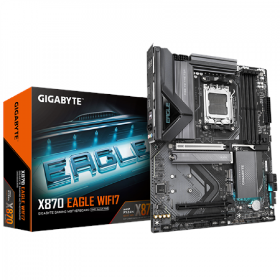 Gigabyte X870 EAGLE WIFI7 | Processor family AMD | Processor socket AM5 | DDR5 DIMM | Supported hard disk drive interfaces SATA, M.2 | Number of SATA connectors 4