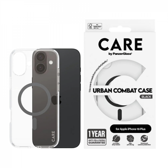 CARE by PanzerGlass Case Flagship | Back protection | Apple | iPhone 16 Plus | Recycled plastic | Transparent/Black | MagSafe