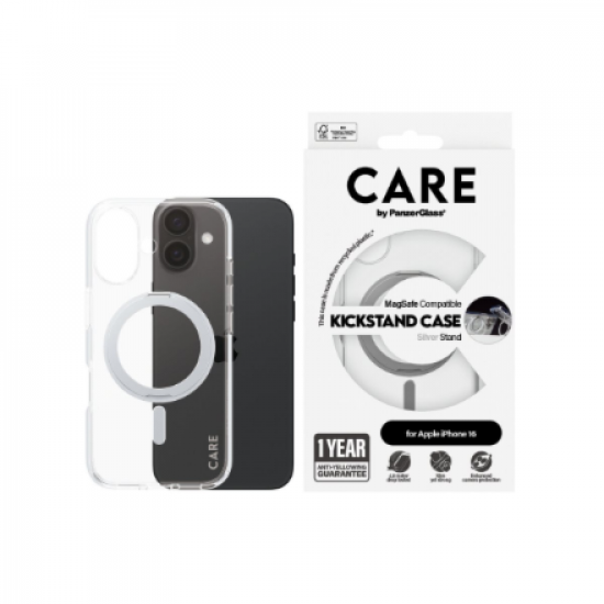 CARE Feature Case | Back cover | Apple | iPhone 16 | Recycled plastic | Silver | Kickstand & MagSafe